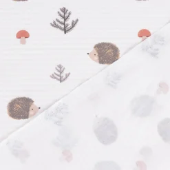 Baumwollstoff Digitaldruck Patchworkstoff Igel Pilze Tannenzweige gestreift braun beige rot 1,40m Breite