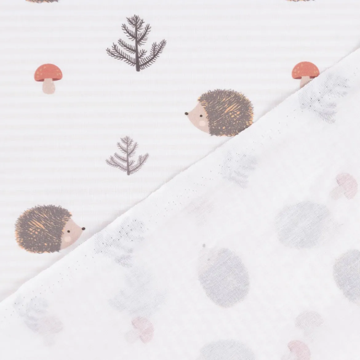Baumwollstoff Digitaldruck Patchworkstoff Igel Pilze Tannenzweige gestreift braun beige rot 1,40m Breite