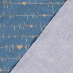 Baumwollstoff Digitaldruck Patchworkstoff Herzen Pulslinie blau gelb 1,40m Breite