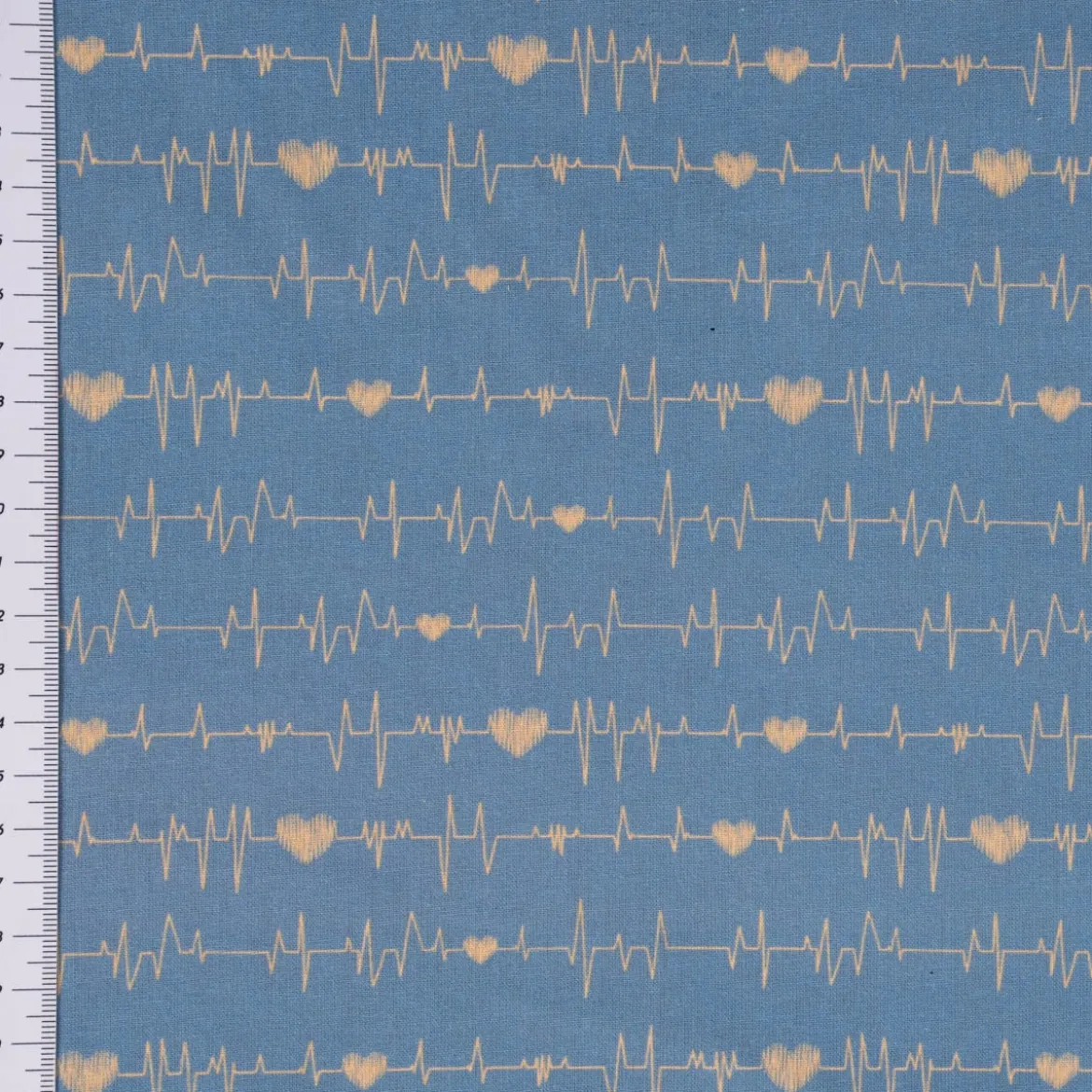 Baumwollstoff Digitaldruck Patchworkstoff Herzen Pulslinie blau gelb 1,40m Breite