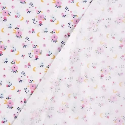 Baumwollstoff FLEDI Blümchen Sterne Mond weiß rosa blau ocker 1,50m Breite