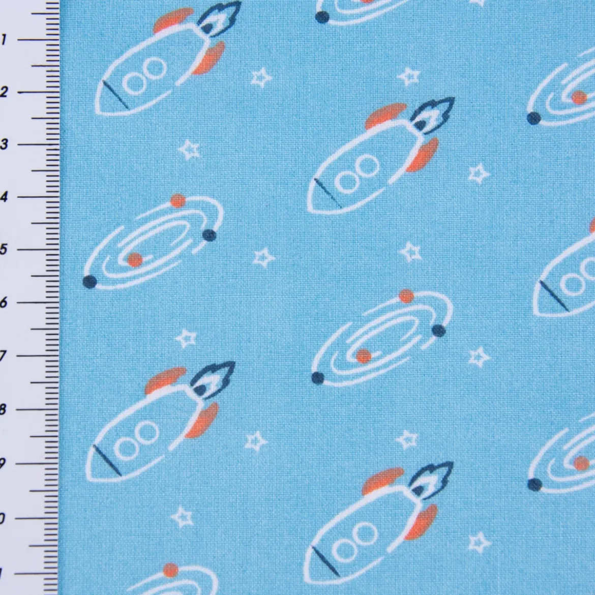 Baumwollstoff FUBOZ Rakete Galaxie Stern blau orange weiß 1,50m Breite