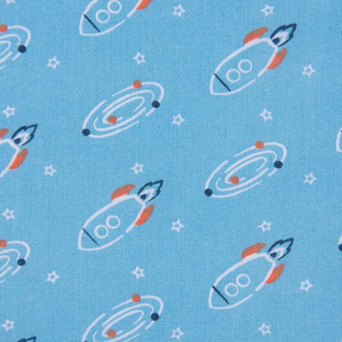 Baumwollstoff FUBOZ Rakete Galaxie Stern blau orange weiß 1,50m Breite