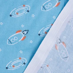 Baumwollstoff FUBOZ Rakete Galaxie Stern blau orange weiß 1,50m Breite
