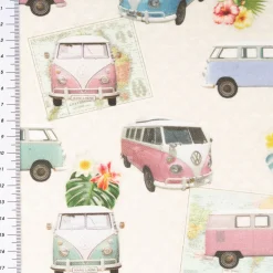 Baumwollstoff Halbpanama VW Bulli Summer All Over Beige Pastell 1,40m Breite