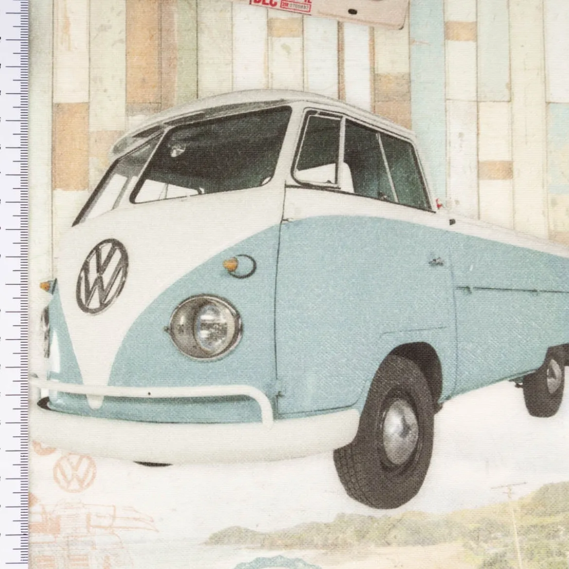 Baumwollstoff Halbpanama VW Original Vintage Bus Beige Blau Grün 1,40m Breite