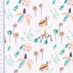 Baumwollstoff JAELLE Fee Blumen Hase weiß mint rosa beige ocker 1,5m Breite