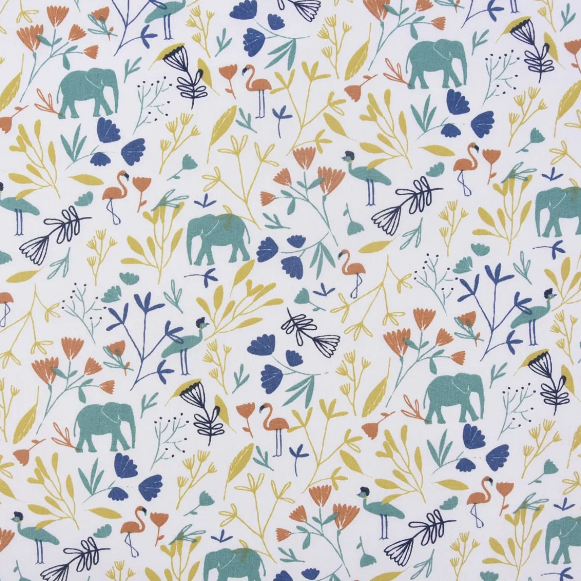 Baumwollstoff JINJUA Elefant Flamingo Vogel Blumen weiß türkis gelb orange blau 1,5m Breite