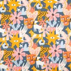 Baumwollstoff Joy Tiger Taube Blume Herz blau rosa gelb 1,47m Breite