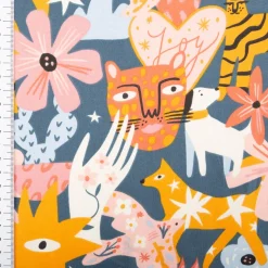 Baumwollstoff Joy Tiger Taube Blume Herz blau rosa gelb 1,47m Breite