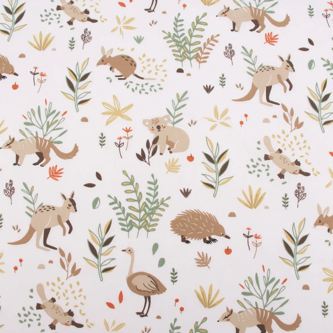 Baumwollstoff Kinderstoff Webware Tiere aus Australien weiß grün beige 1,47m Breite