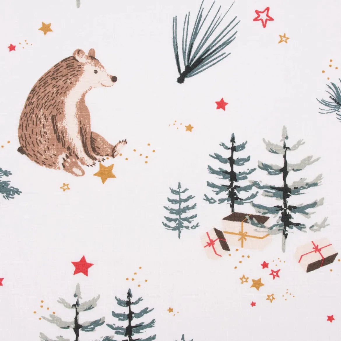 Baumwollstoff LUDWIG Weihnachten Tannenbaum Bär Geschenke weiß grün braun 1,5m Breite