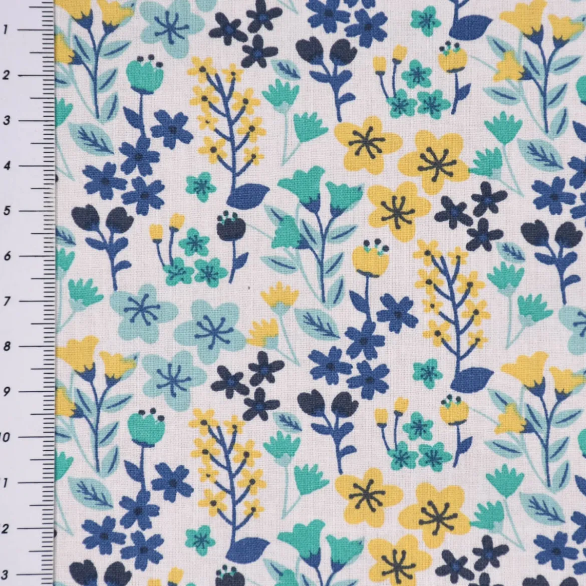 Baumwollstoff MILLY Blumen Sträucher weiß blau gelb 1,5m Breite