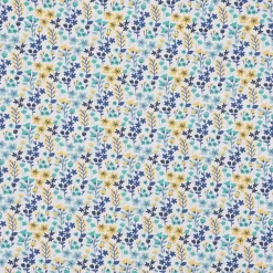 Baumwollstoff MILLY Blumen Sträucher weiß blau gelb 1,5m Breite