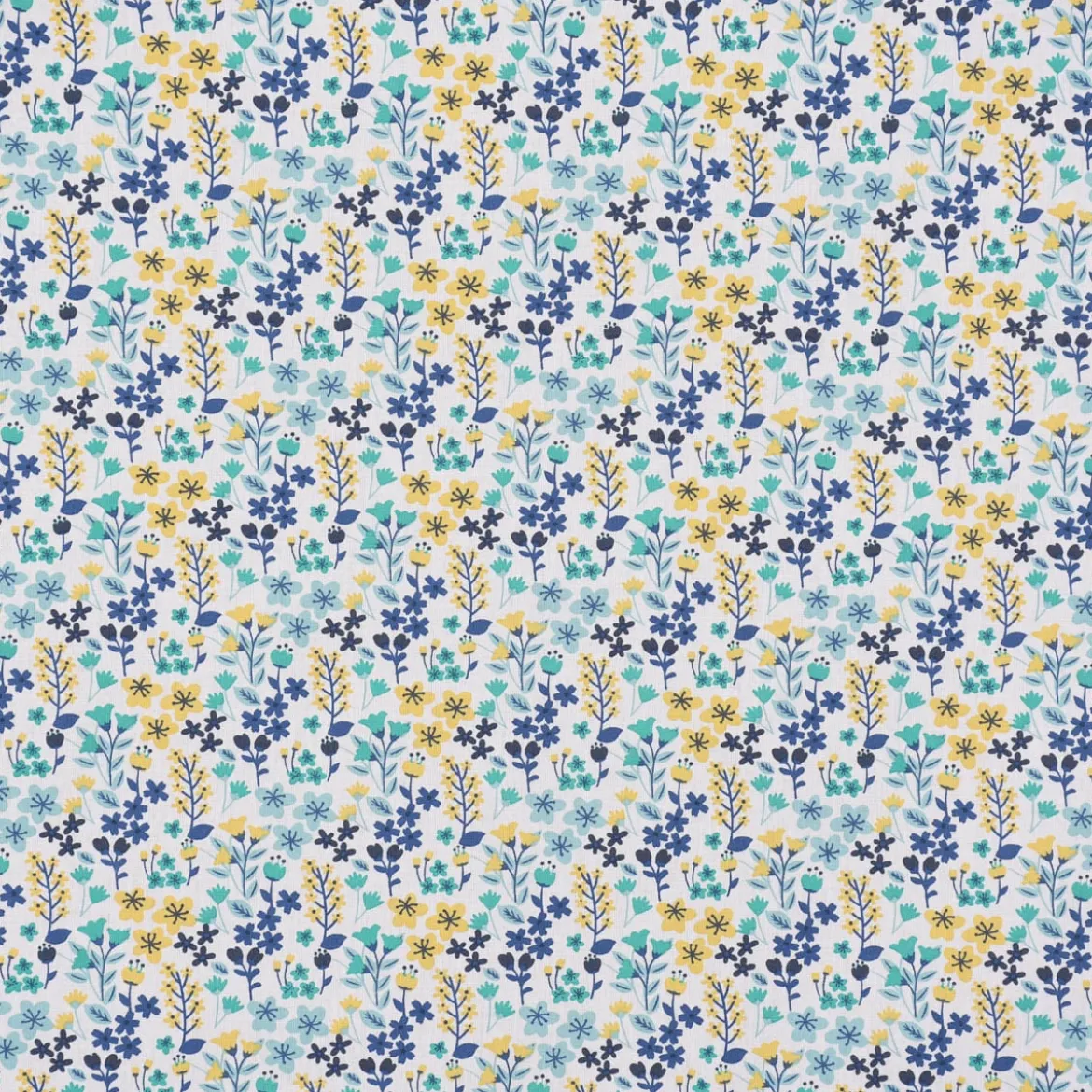 Baumwollstoff MILLY Blumen Sträucher weiß blau gelb 1,5m Breite