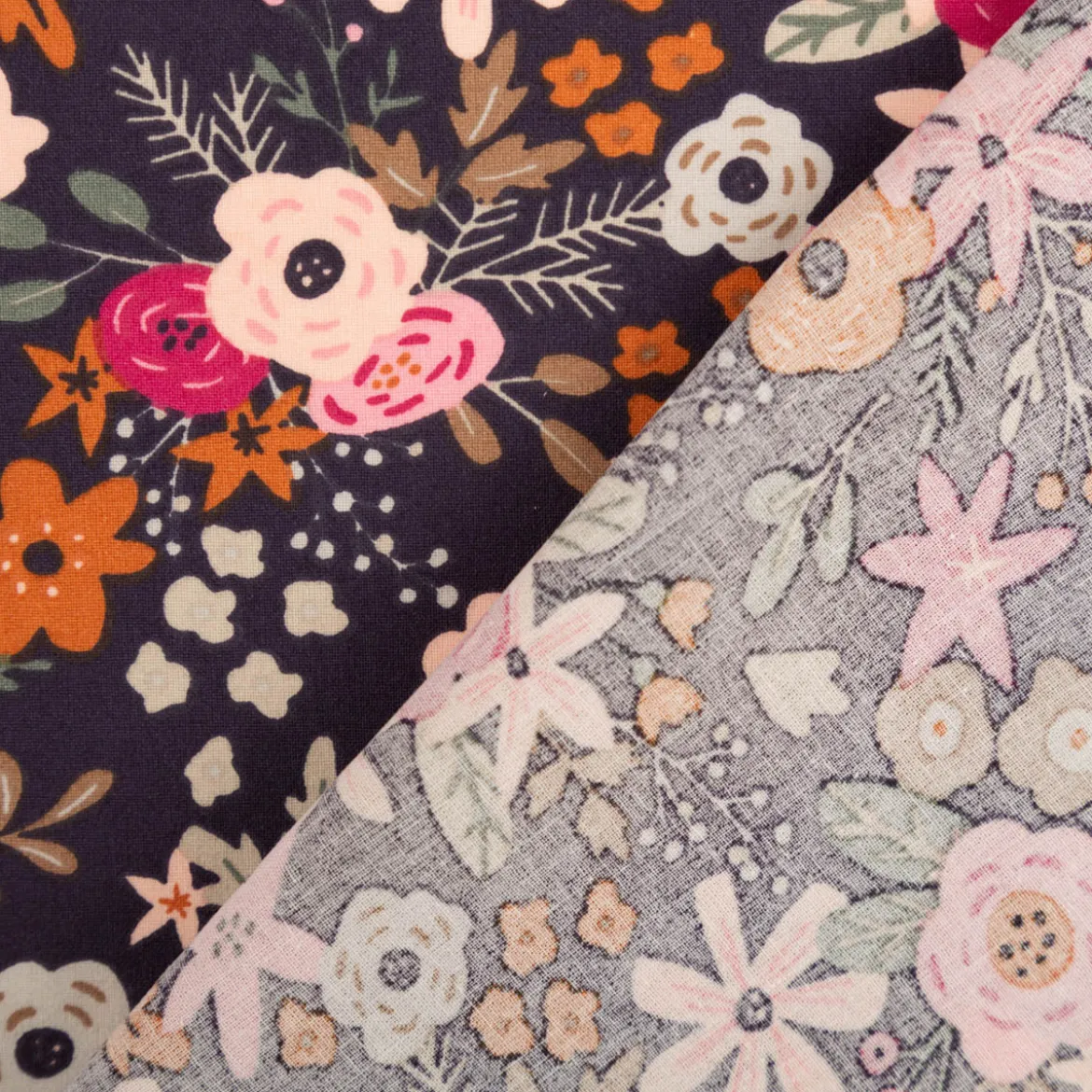 Baumwollstoff Olga Blumen dunkelblau rosa 1,47m Breite