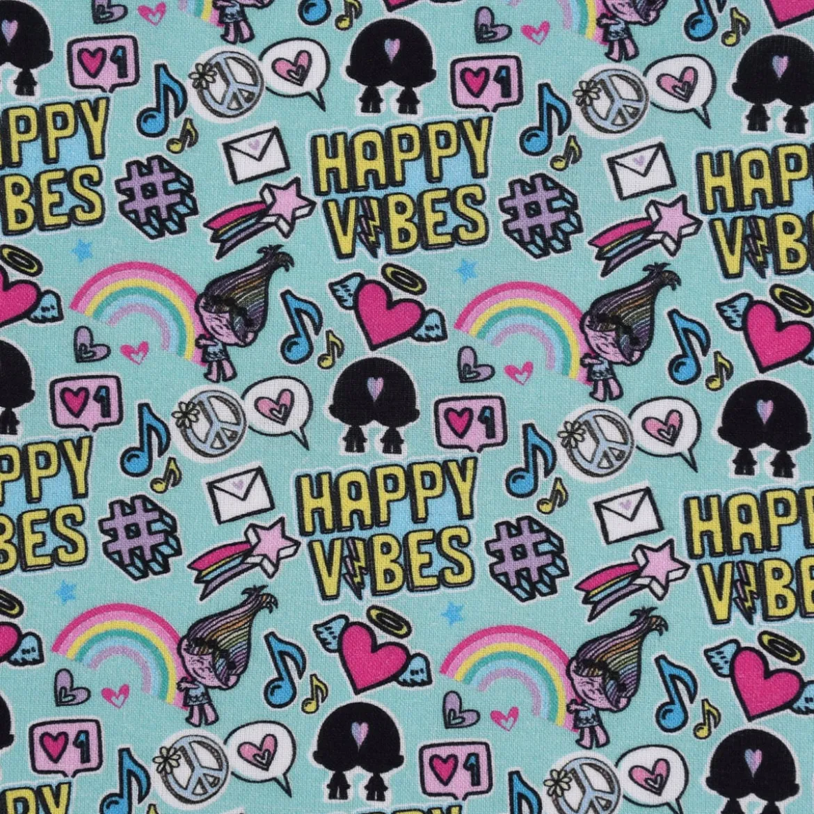 Baumwollstoff Organic Bio Popeline Trolls Happy Vibes türkis 1,50m Breite