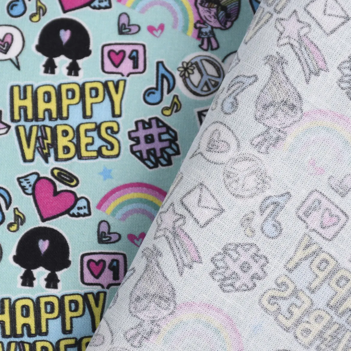 Baumwollstoff Organic Bio Popeline Trolls Happy Vibes türkis 1,50m Breite