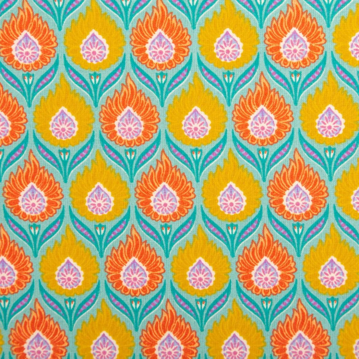 Baumwollstoff Perkal Retro Blumen Luka türkis orange gelb 1,5m Breite