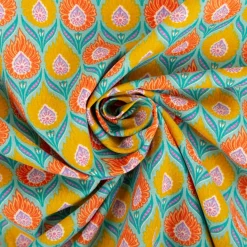 Baumwollstoff Perkal Retro Blumen Luka türkis orange gelb 1,5m Breite