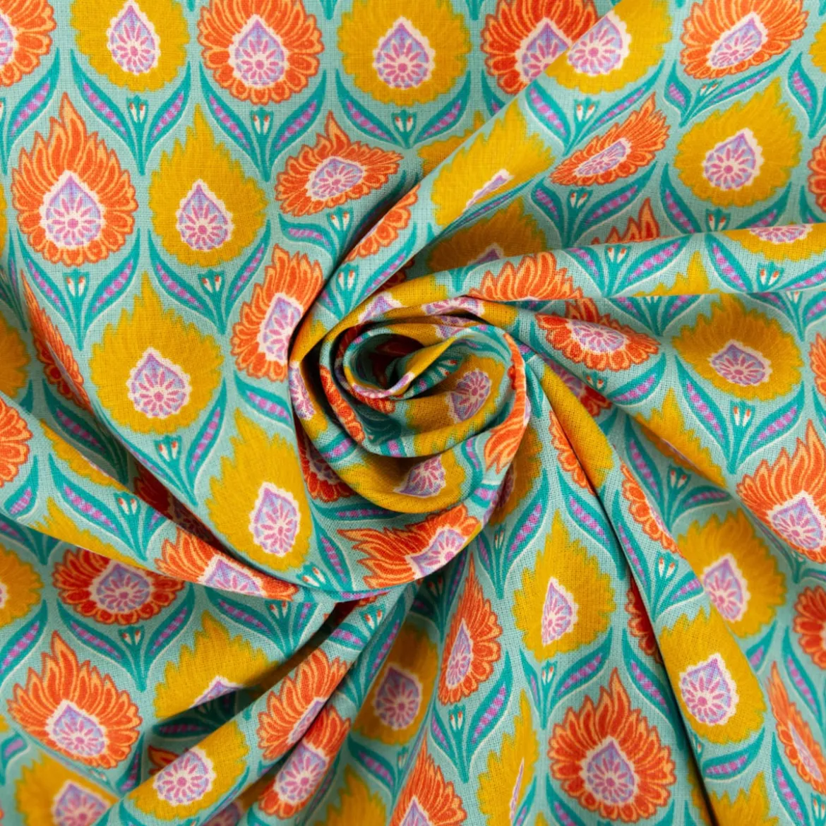 Baumwollstoff Perkal Retro Blumen Luka türkis orange gelb 1,5m Breite