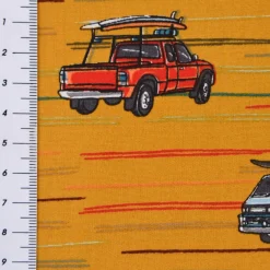 Baumwollstoff Popeline Auto Truck Surfbrett Streifen ocker gelb rot blau 1,50m Breite