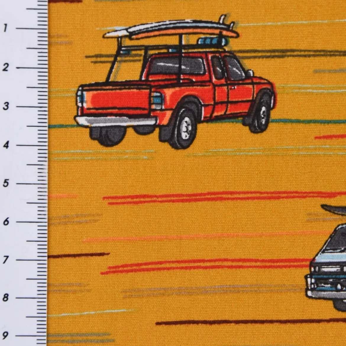 Baumwollstoff Popeline Auto Truck Surfbrett Streifen ocker gelb rot blau 1,50m Breite