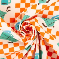 Baumwollstoff Popeline Cafe Espressokannen Croissants orange türkis 1,50m Breite