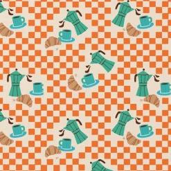 Baumwollstoff Popeline Cafe Espressokannen Croissants orange türkis 1,50m Breite