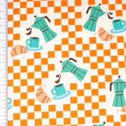 Baumwollstoff Popeline Cafe Espressokannen Croissants orange türkis 1,50m Breite