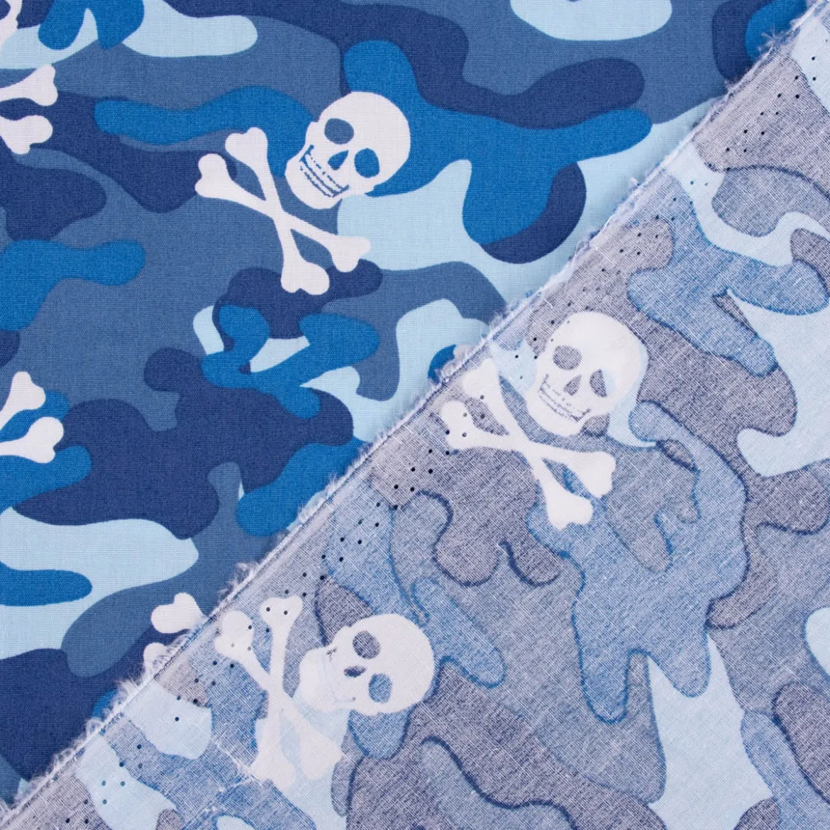 Baumwollstoff Popeline Camouflage Totenköpfe blau 1,44m Breite