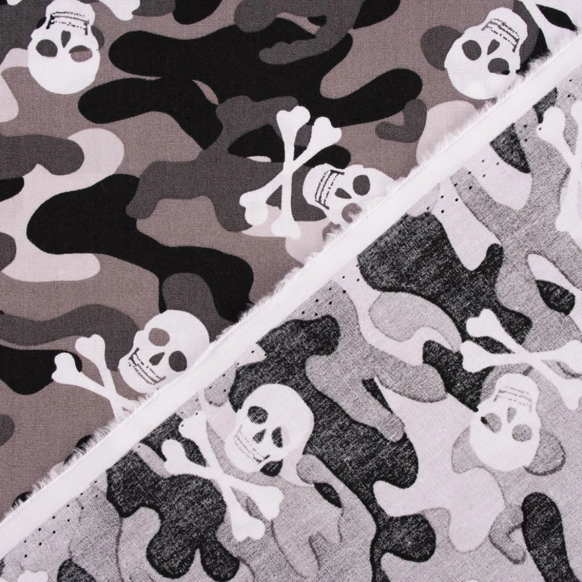 Baumwollstoff Popeline Camouflage Totenköpfe grau 1,44m Breite