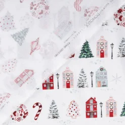 Baumwollstoff Popeline Digitaldruck Anvers Weihnachtshäuser weiß rot 1,47m Breite
