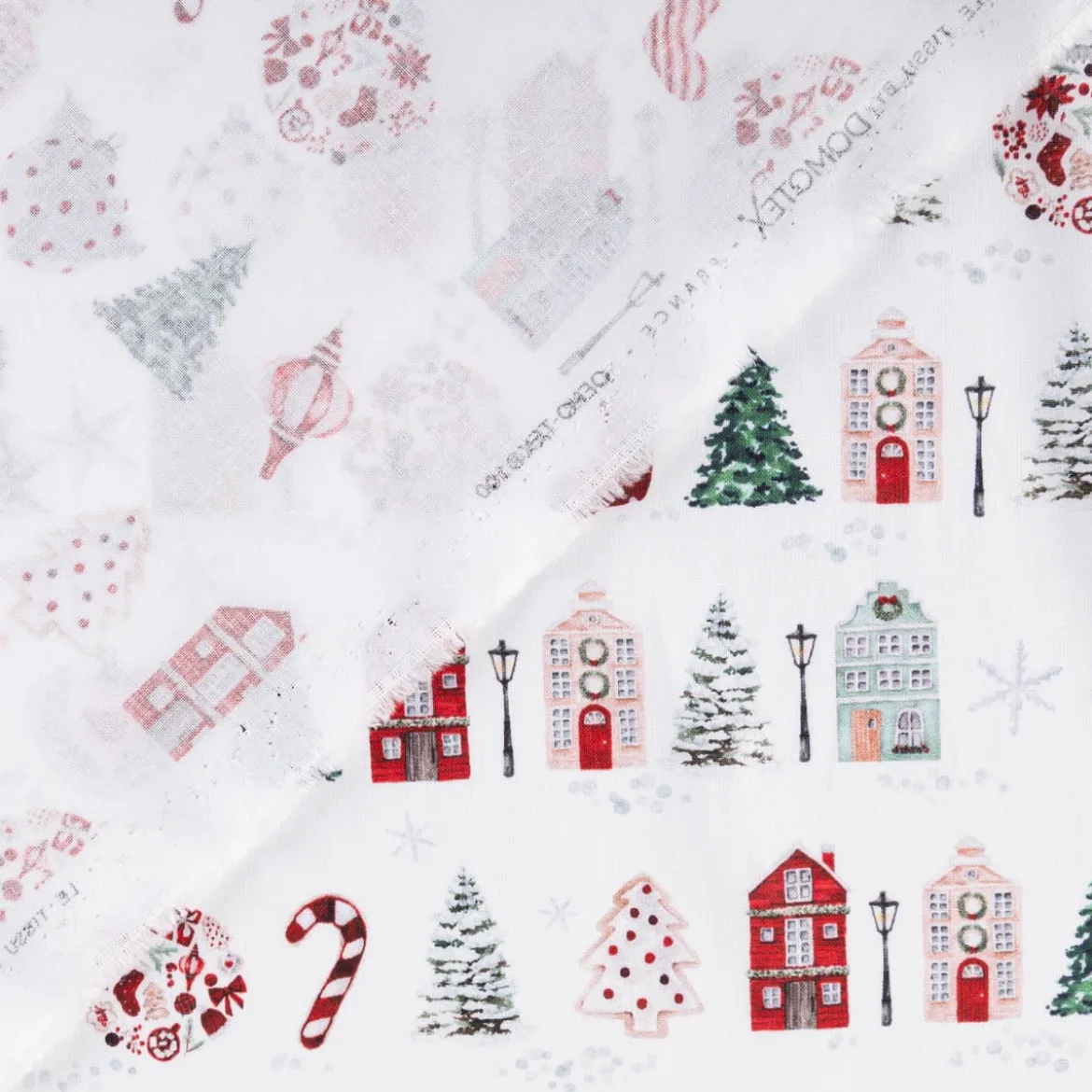 Baumwollstoff Popeline Digitaldruck Anvers Weihnachtshäuser weiß rot 1,47m Breite