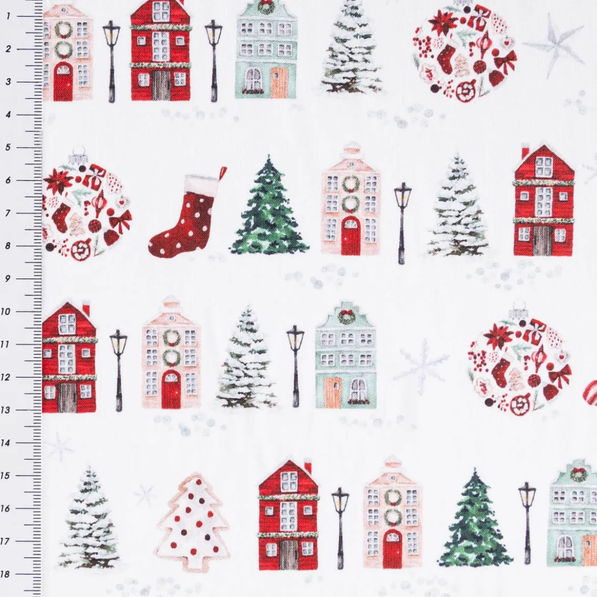 Baumwollstoff Popeline Digitaldruck Anvers Weihnachtshäuser weiß rot 1,47m Breite