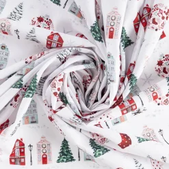 Baumwollstoff Popeline Digitaldruck Anvers Weihnachtshäuser weiß rot 1,47m Breite