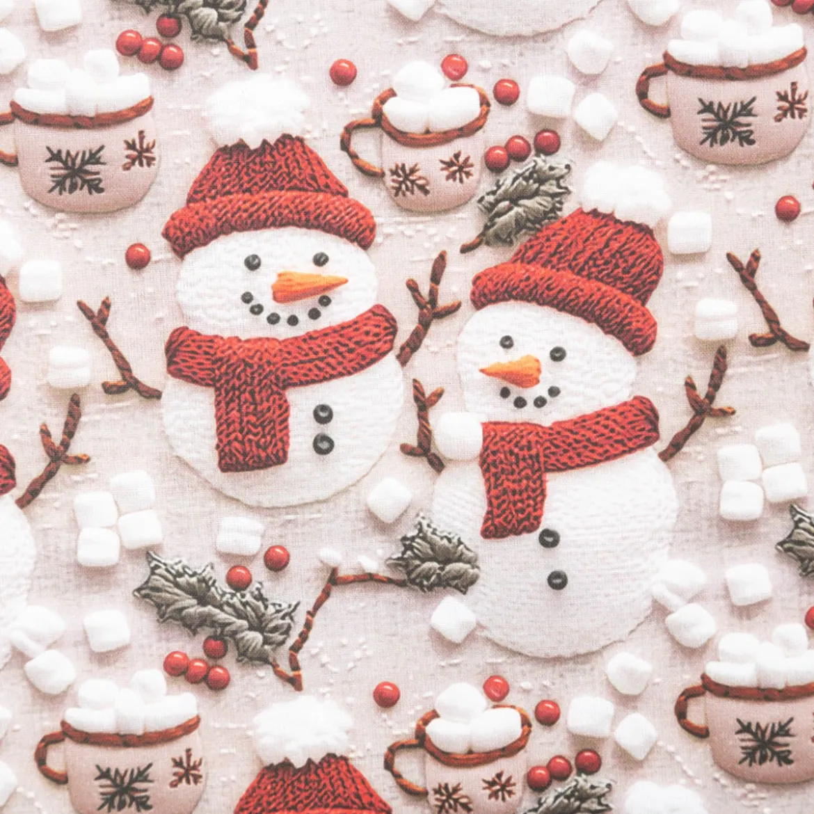 Baumwollstoff Popeline Digitaldruck Weihnachtsstoff Marshmallow Schneemänner grau rot1,47m Breite