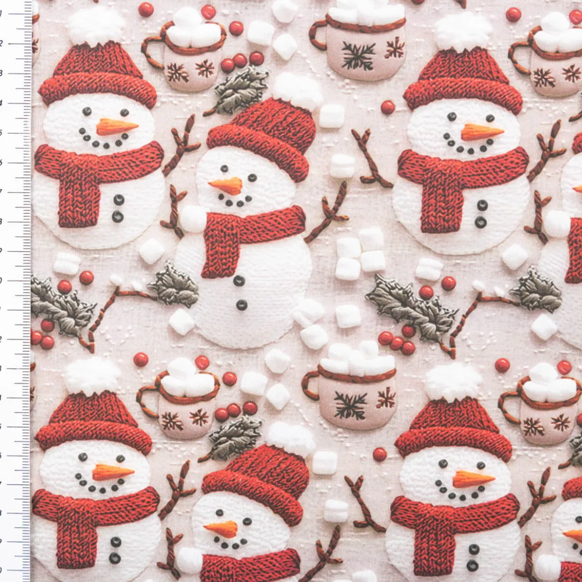 Baumwollstoff Popeline Digitaldruck Weihnachtsstoff Marshmallow Schneemänner grau rot1,47m Breite