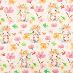 Baumwollstoff Popeline Digitaldruck Kaninchen mit Blumen ecru rosa orange grün 1,47m Breite