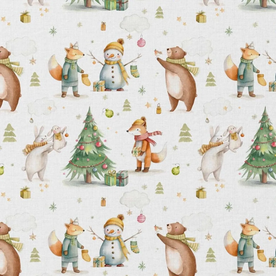 Baumwollstoff Popeline Digitaldruck Nochou Waldtiere Christbaum weiß grün 1,50m Breite