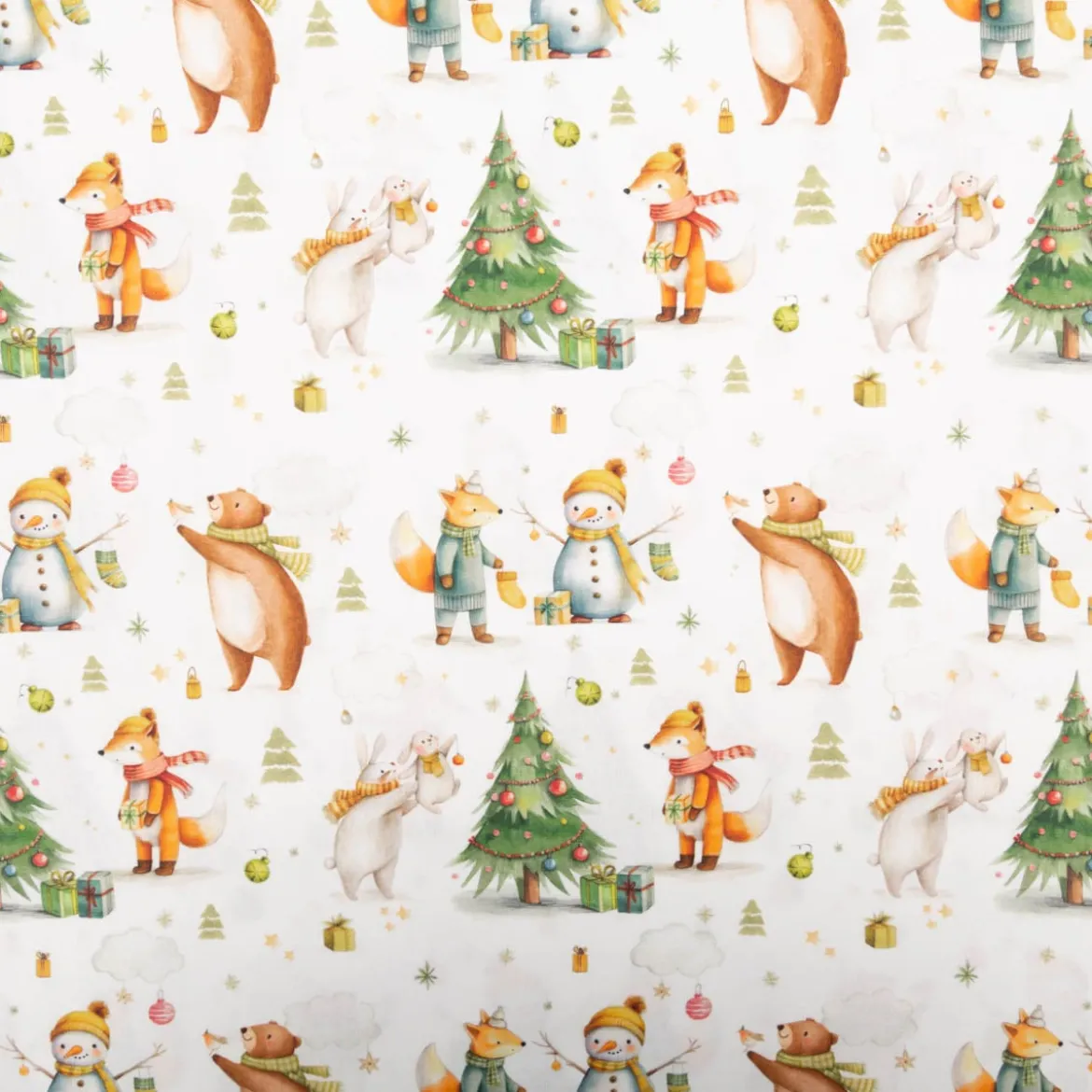 Baumwollstoff Popeline Digitaldruck Nochou Waldtiere Christbaum weiß grün 1,50m Breite