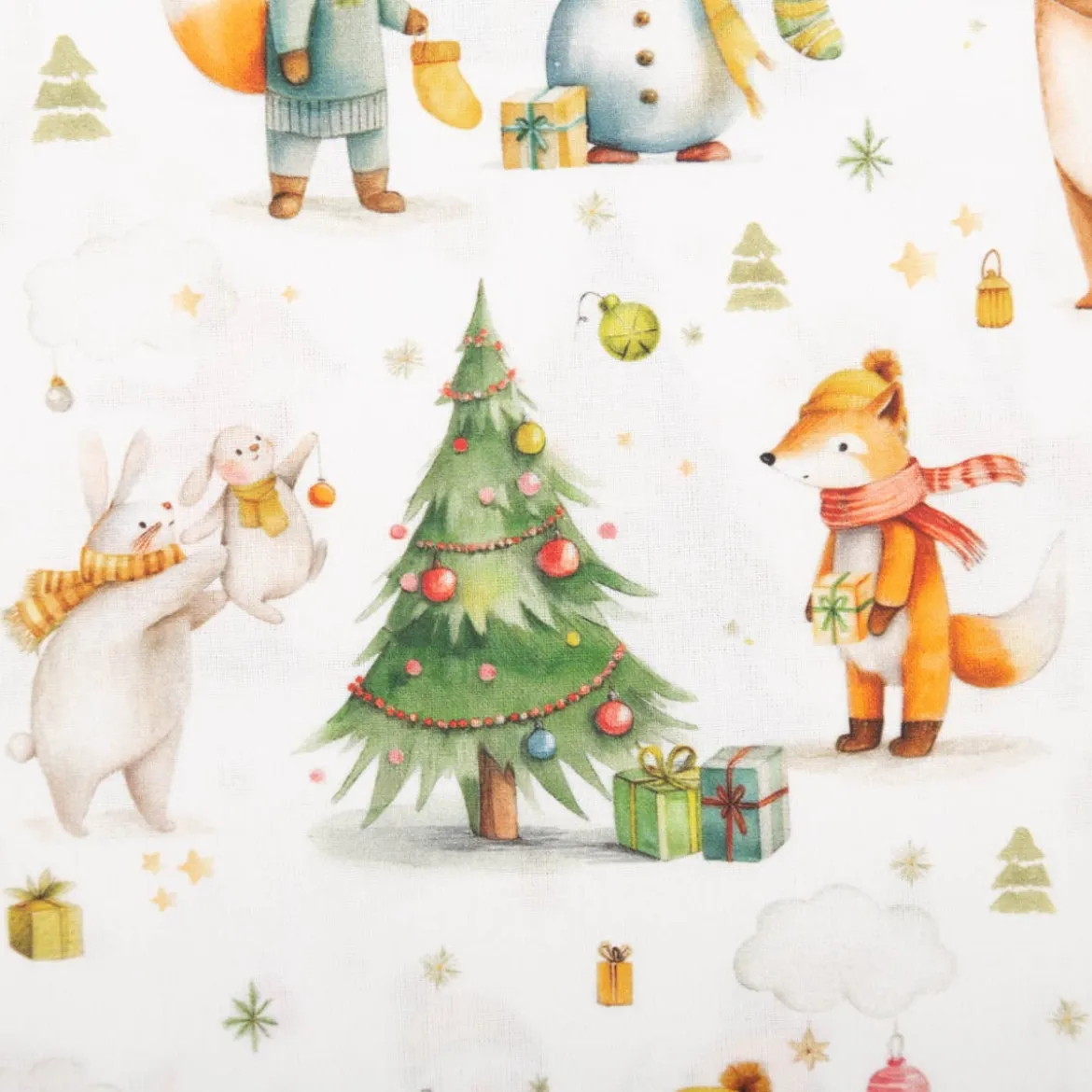 Baumwollstoff Popeline Digitaldruck Nochou Waldtiere Christbaum weiß grün 1,50m Breite