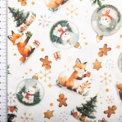 Baumwollstoff Popeline Digitaldruck Foxno Füchse Schneekugeln ecru grün 1,50m Breite