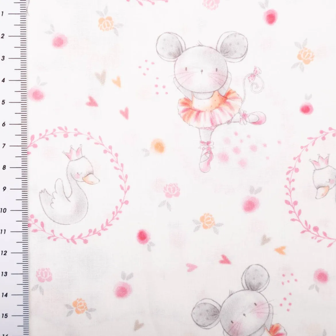 Baumwollstoff Popeline Digitaldruck Daisy Tanzmäuse weiß rosa 1,48m Breite