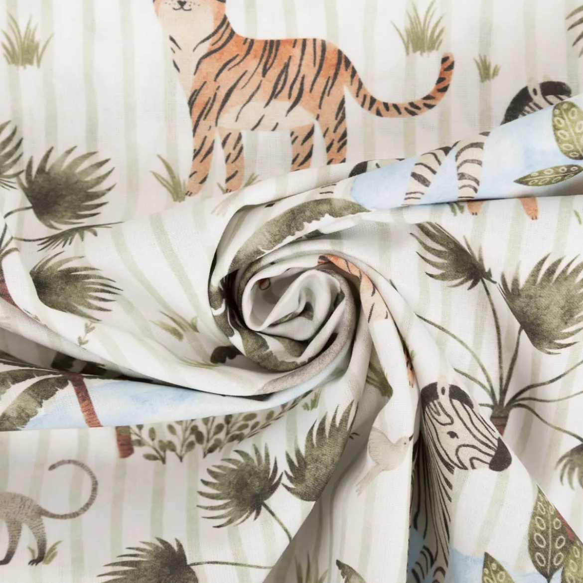 Baumwollstoff Popeline Digitaldruck Jungo Zebra Elefant Tiger weiß grün 1,48m Breite
