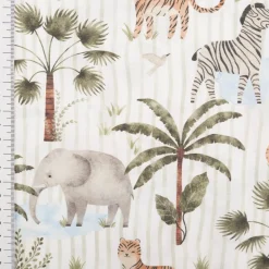 Baumwollstoff Popeline Digitaldruck Jungo Zebra Elefant Tiger weiß grün 1,48m Breite