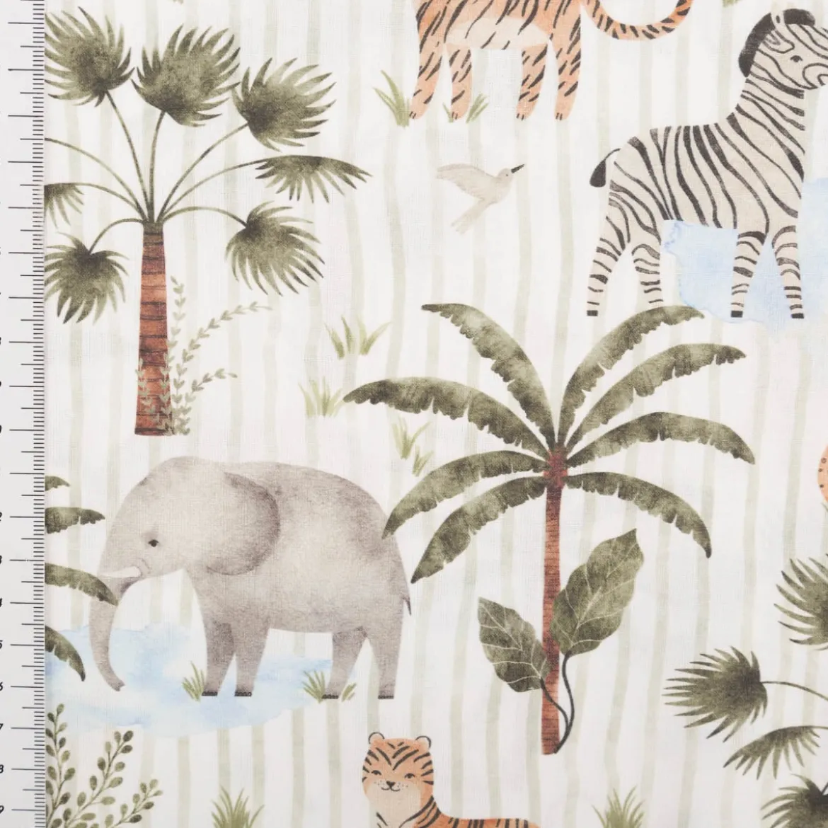 Baumwollstoff Popeline Digitaldruck Jungo Zebra Elefant Tiger weiß grün 1,48m Breite