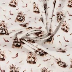 Baumwollstoff Popeline Digitaldruck Waschbären Federn weiß 1,50m Breite