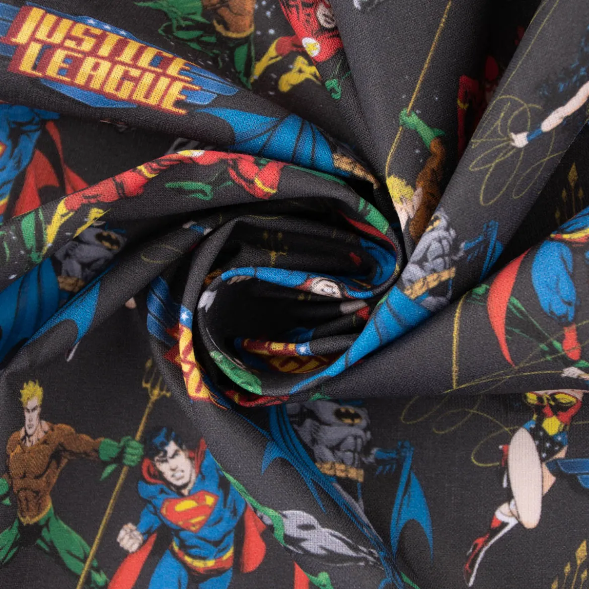 Baumwollstoff Popeline Digitaldruck Justice League Logo schwarz blau grau gelb rot grün 1,5m Breite