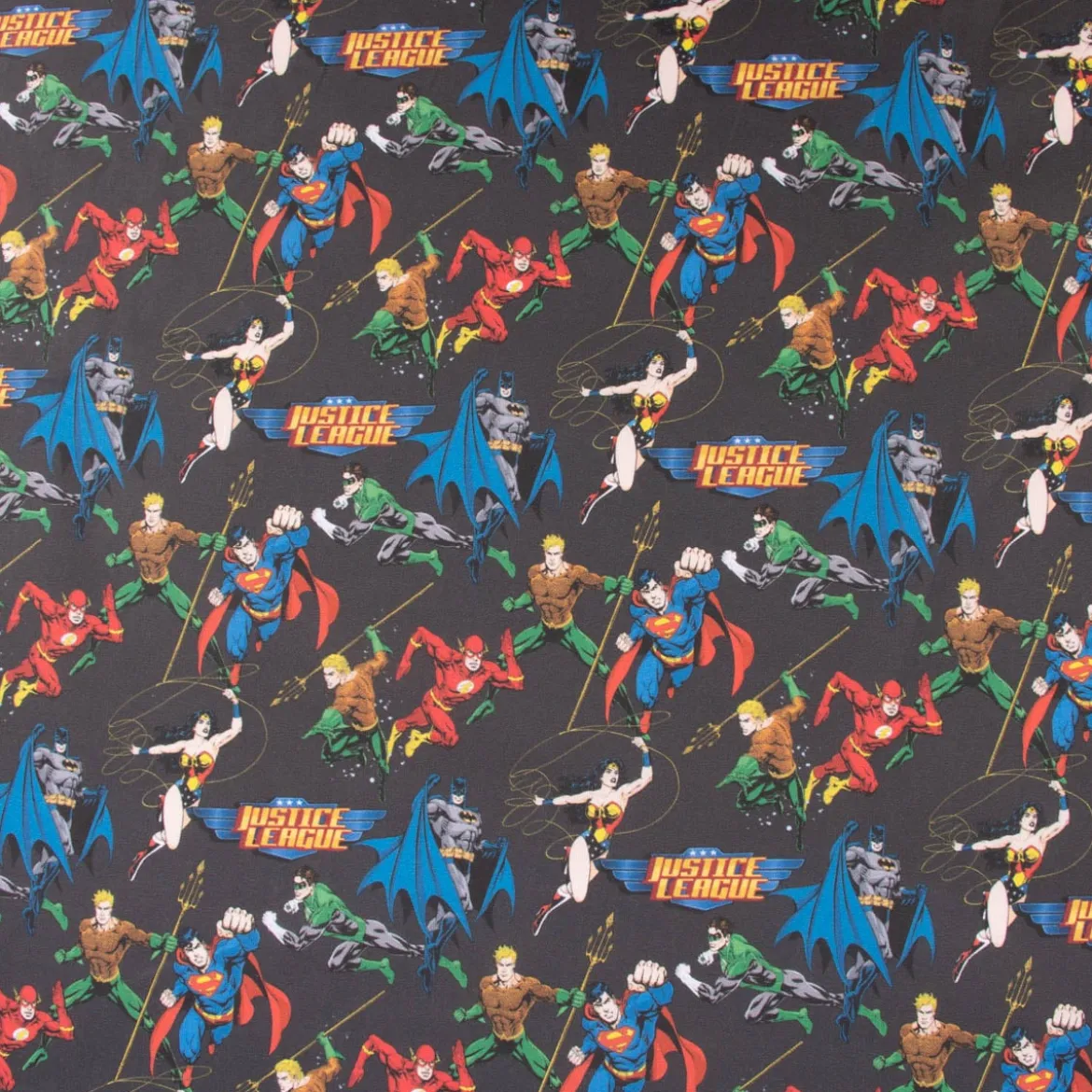Baumwollstoff Popeline Digitaldruck Justice League Logo schwarz blau grau gelb rot grün 1,5m Breite